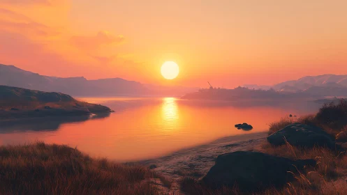 Sun sets over calm lake with distant hills and shoreline