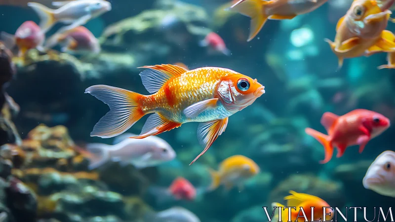 Goldfish swimming in clear aquarium water with rocks.
