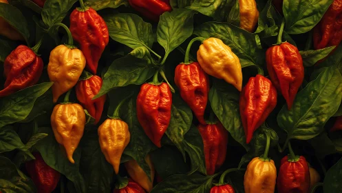 Red and yellow habanero peppers scattered over green leaves.