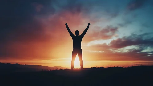 Silhouetted human victory pose against gradient sunset sky.