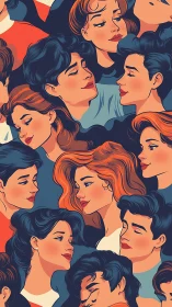 Pattern of stylized male and female faces in side profiles.