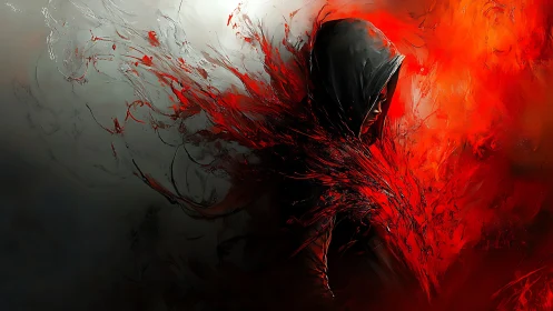 Hooded figure emerges from violent crimson energy storm.