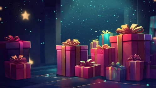 Midnight gift towers glow beneath a sky of drifting stars.