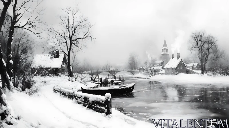 Snow covered river village with cottages and moored boat