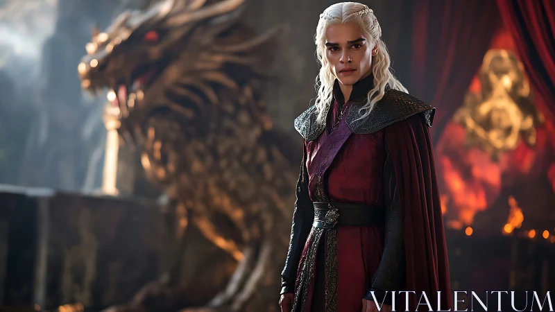 Silver haired warrior stands before blazing dragon throne