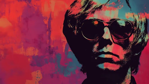 Neon-tinted pop portrait of sunglasses-wearing figure.