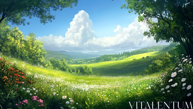 Bright summer valley meadow under open blue sky.