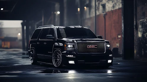 Midnight GMC SUV posed in cinematic urban alleyway scene.