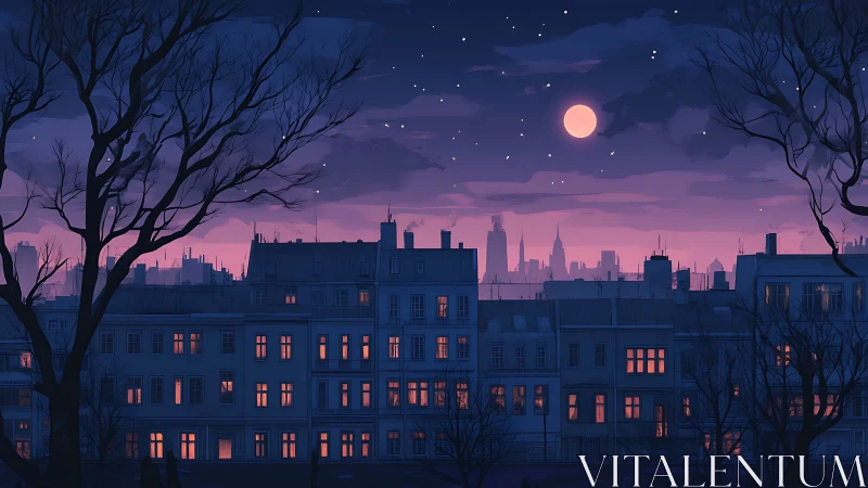 Moonlit urban skyline over violet dusk-lit apartments.