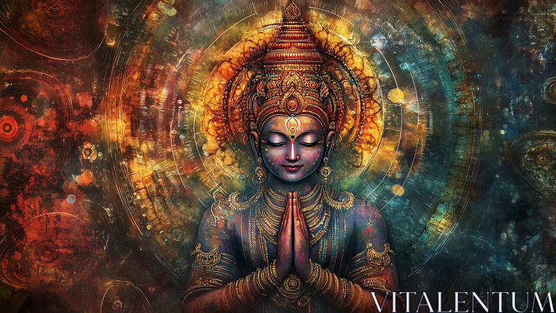 Divine meditative deity radiates concentric celestial light