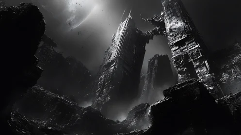 Ruined monolithic towers beneath distant moonlit sky.