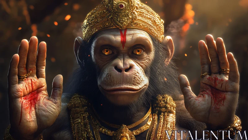 Golden simian guardian raising ember-marked blessing hands.