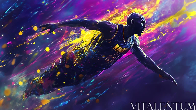 Basketball player in lateral dive amid neon color streaks.