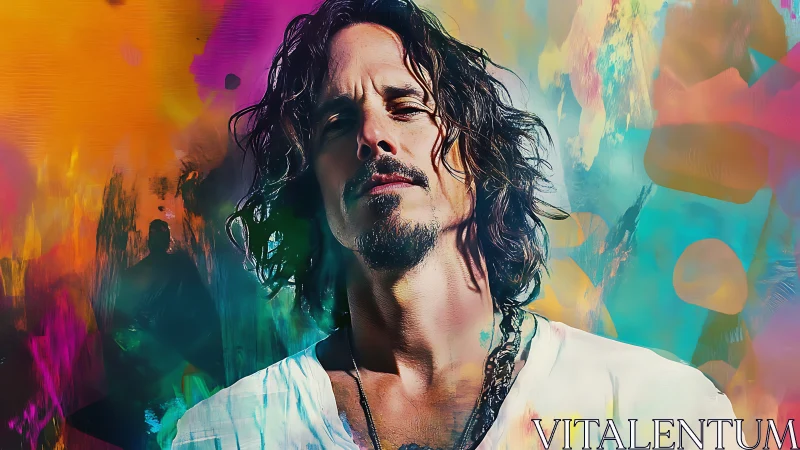 Male figure rendered against saturated abstract color field