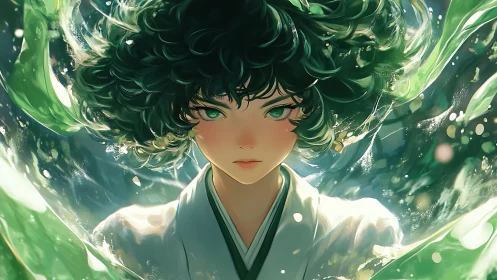 Mystical green-haired heroine in luminous digital waves.