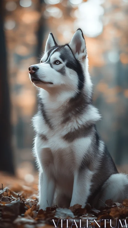 Portrait shows husky dog seated on forest floor in autumn