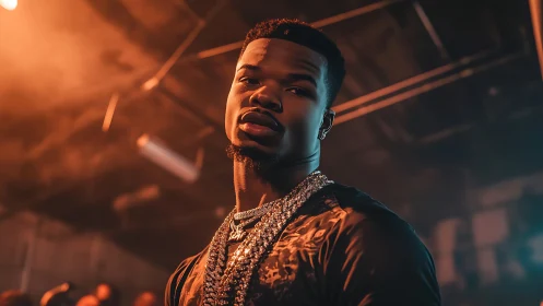 Low angle portrait of jewelled subject under cinematic neon rim