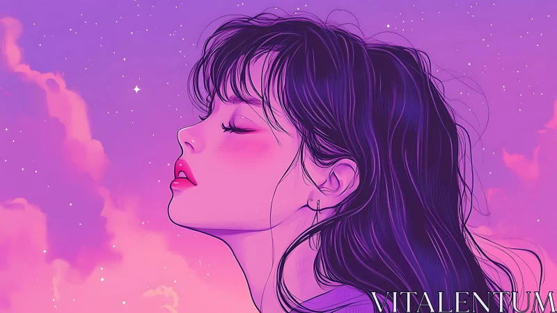 Side-profile portrait isolates stylized female figure in neon dusk