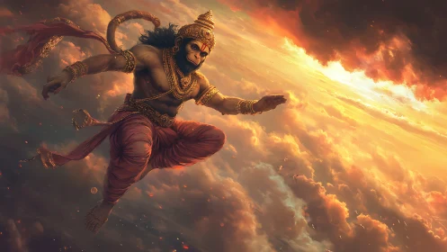 Mythic simian warrior soaring through molten skies.