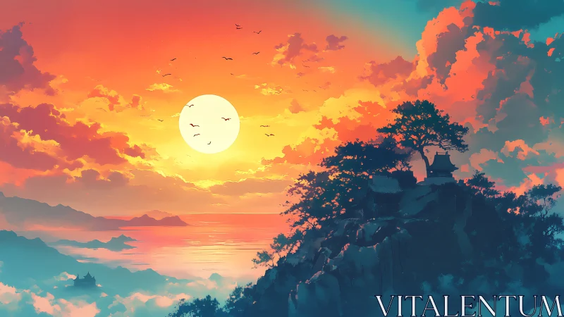 Sunset over coastal temple rendered in vivid digital gradients