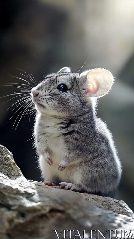 Rock-perched chinchilla daydreams in a halo of soft light.