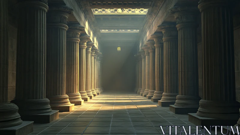 Sunlit neoclassical colonnade with volumetric light rays.