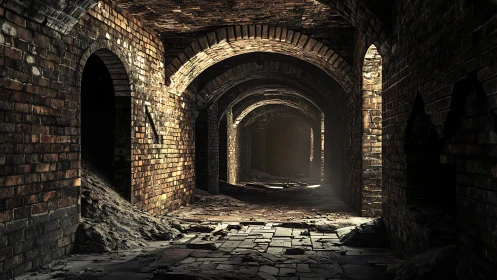 Brick vaulted underground corridor with debris and light shafts.