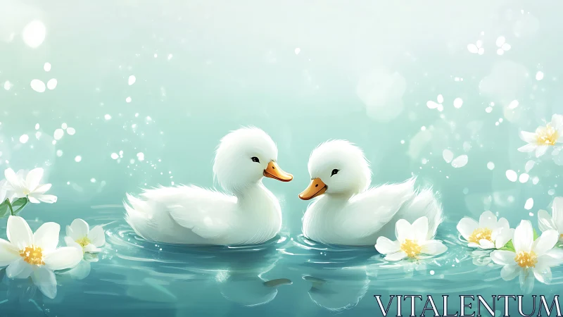 Two white ducks floating among white flowers in turquoise water.
