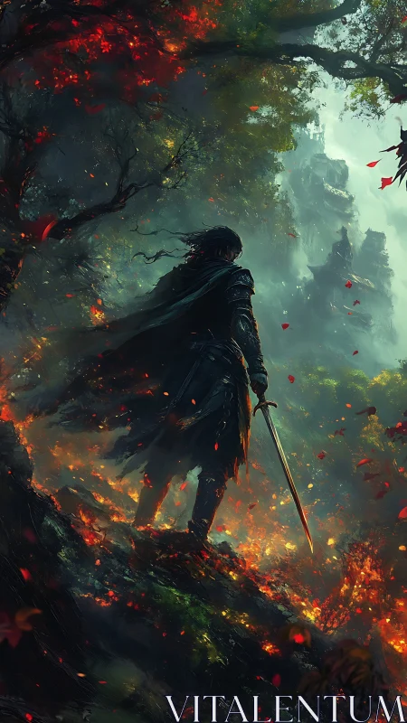 Lone swordbearer wandering through a burning forest path.