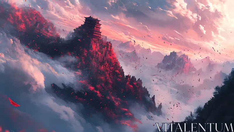 Skyborne crimson pagoda adrift in a dream of clouds.