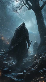 Cloaked wanderer climbs frozen forest path toward misty light