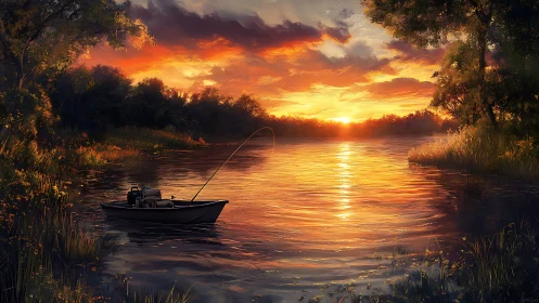 Fishing boat on reflective river at dense sunset horizon.