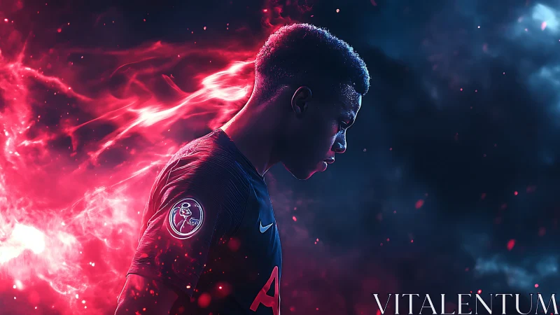 Soccer player profile stands amid red and blue energy clouds