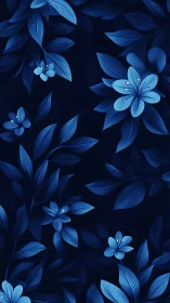 Blue Floral Pattern on Dark Background with Botanical Elements
