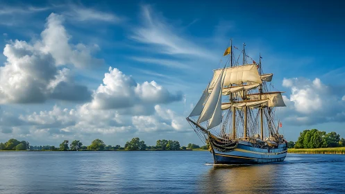 Fully rigged tall ship under sail on calm river estuary