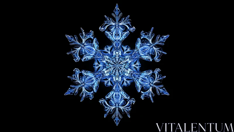 Glowing crystalline snowflake radiates in intricate blue symmetry.