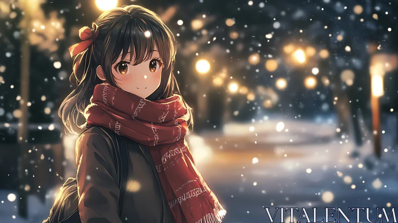 Winter city street anime girl in scarf under snowfall glow.