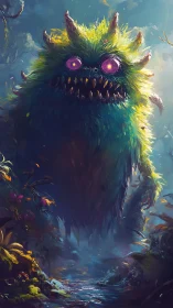 Bioluminescent forest monster hovering above misty creek.
