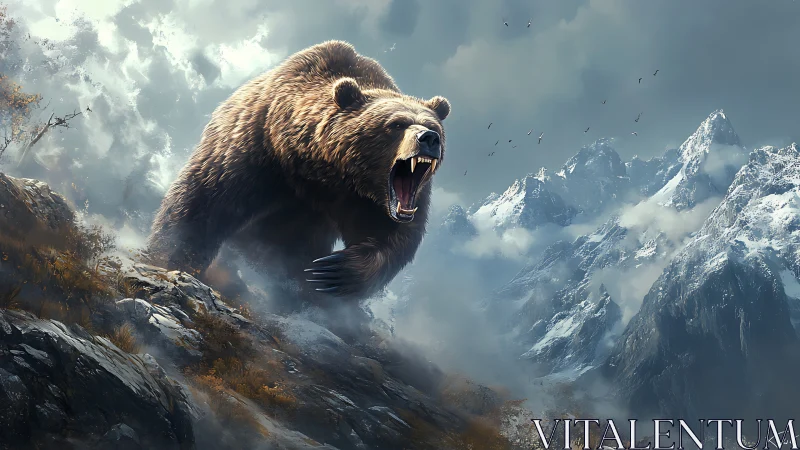 Roaring grizzly dominates stormy alpine mountain ridge scene.