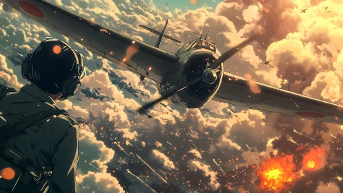 Skyfire sortie over burning clouds and lone pilot’s gaze.