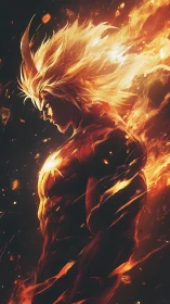 Flaming anime hero stands resolute in a storm of embers
