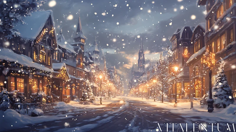 Digital painting of festive snow covered European street at dusk.