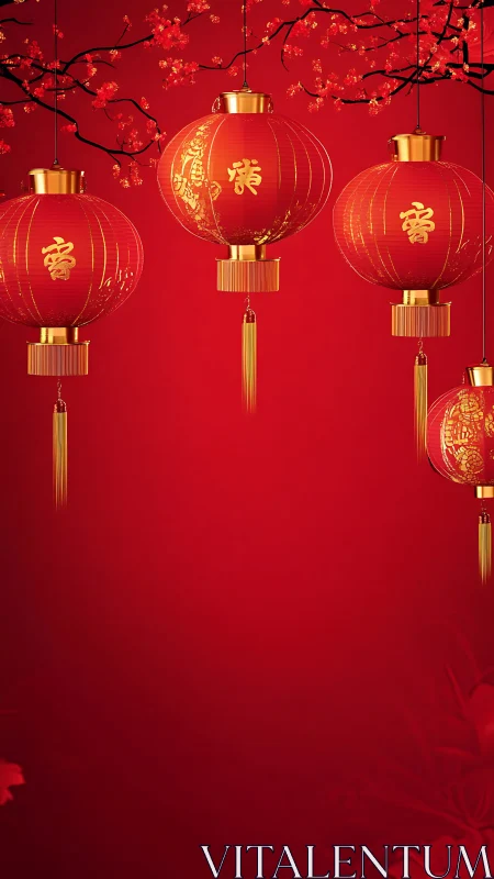 Red hanging lanterns with floral branches on red background.