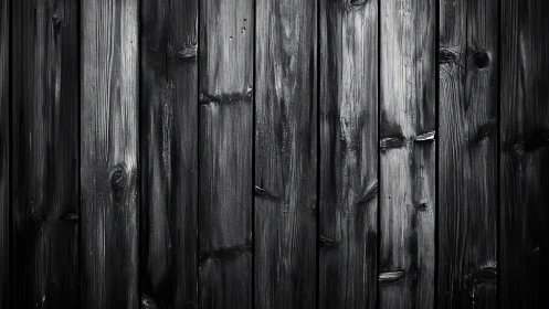 Charred vertical timber planks with knot grain detail in monochrome