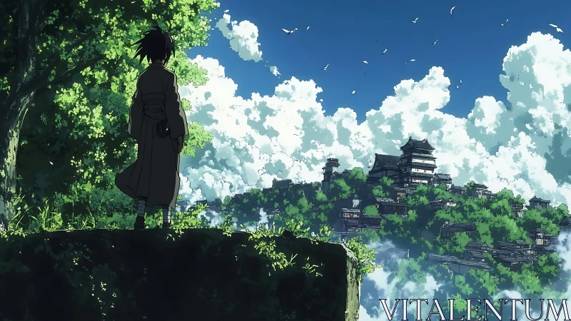 Lone traveler watching distant hilltop fortress city.