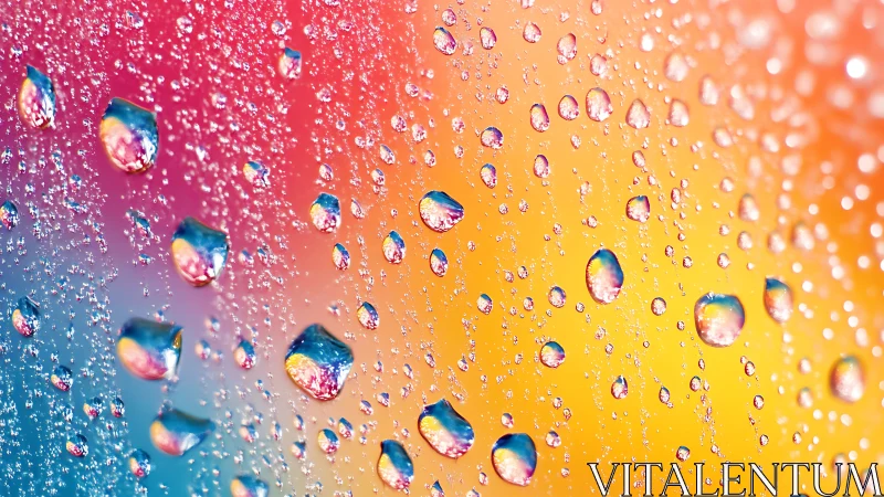 Water droplets scatter across vivid gradient glass surface