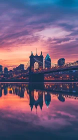 Sunset lights wash over a tranquil riverside city bridge.