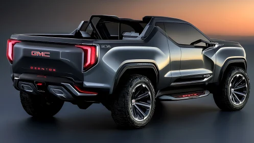 Futuristic GMC concept truck glows under a dramatic sunset sky.