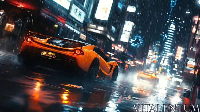 Orange sports cars drive through wet neon city streets at night