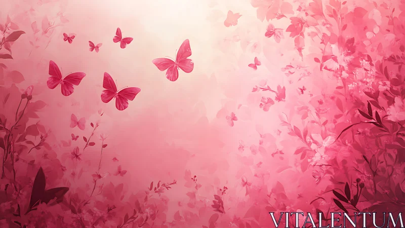 Pink butterflies drift through a dreamy floral haze at dusk